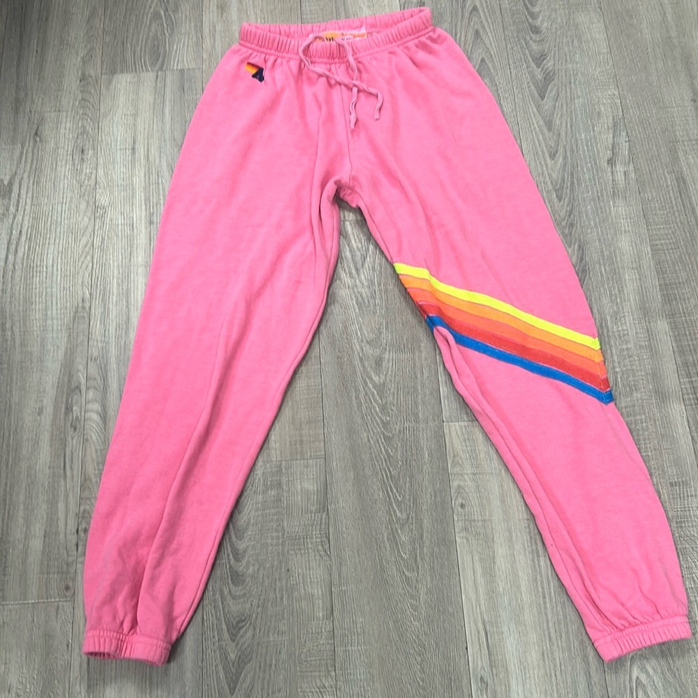 Aviator Nation Pink Joggers with Rainbow Stripe